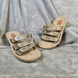 Earth Spirit Womens 6 Gold Leather Slide Sandals Triple Strap Comfort